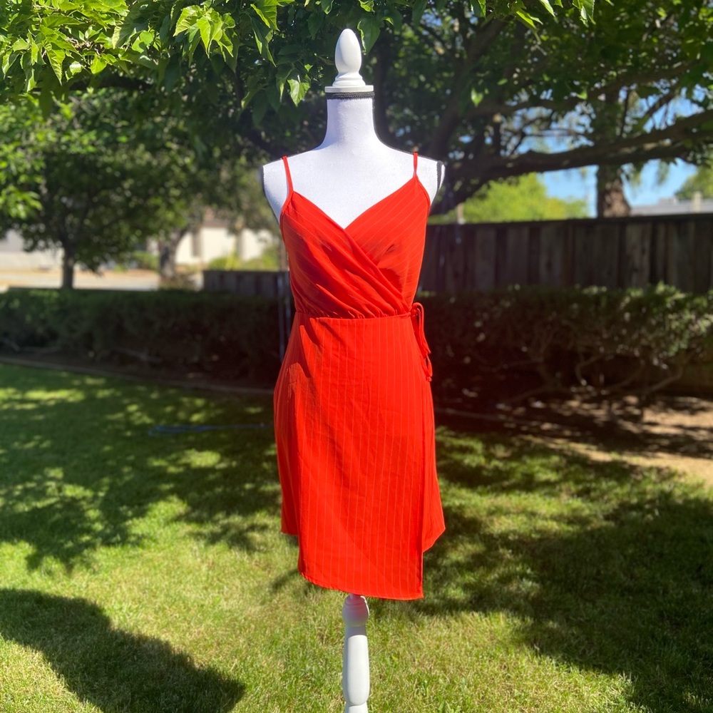 Olivia Grey Orange Striped Side Tie V Neck Dress Size Small